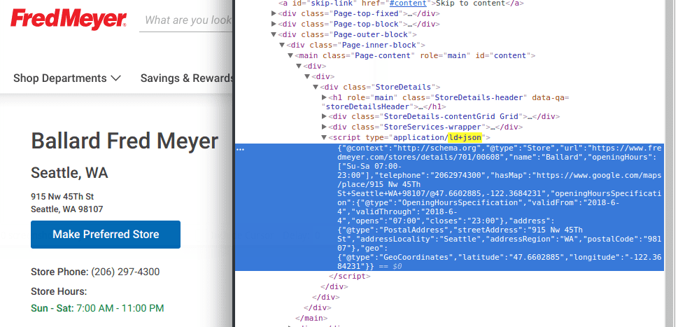 Inspecting HTML for JSON-LD in a Fred Meyer store
page