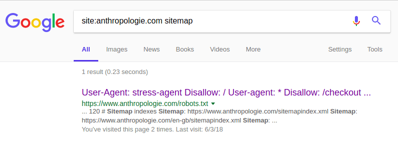 Page name search results show a link to a robots.txt file