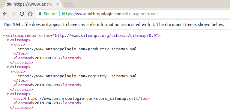 Anthropologie global sitemap includes a store_sitemap.xml
link