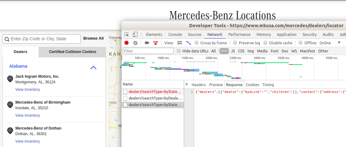 Using developer tools to watch store locator requests to
backend